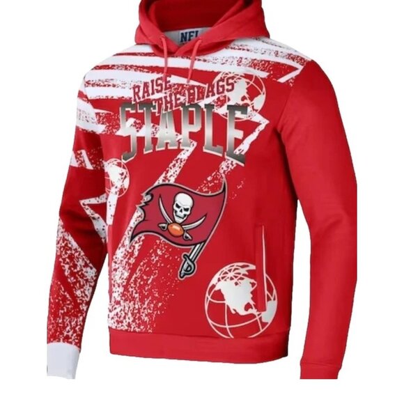 NFL x Staple Red Tampa Bay Buccaneers Pullover Hoodie SZ M All Over Print - Picture 1 of 12